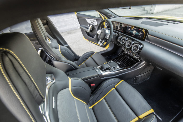 Mercedes-AMG A 45 S 4MATIC+, Sonnengelb, Leder - Nappa AMG schwarz mit gelben Kontrastziernähten;Kraftstoffverbrauch kombiniert: 8,4-8,3 l/100 km; CO2-Emissionen kombiniert: 192-189 g/km*

Mercedes-AMG A 45 S 4MATIC+, sun yellow, Leather – black, with yellow topstitching;Fuel consumption combined: 8.4-8.3 l/100 km; Combined CO2 emissions: 192-189 g/km*